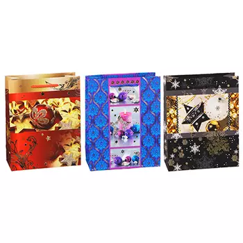 Пакет подарочный СНОУ БУМ 23х18х8 см, бумага высокого качества с блеском, 3 дизайна