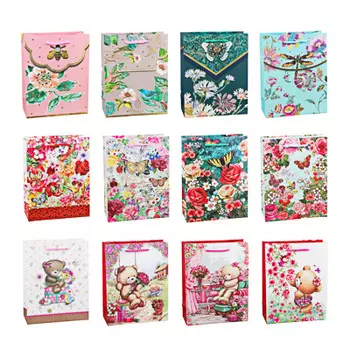 Пакет подарочный, высококачеств.бумага, глиттер, тиснение фольгой, 18х23х8 см, 10 дизайнов, арт 3-9