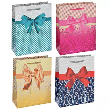 Пакет подарочный, высококачеств. бумага с фольгир.нанесением,18х23х8 см,4 цвета,рисунок с бантиками