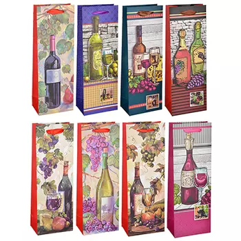 Пакет подарочный, высококачественная бумага, 12,8х36х8,4 см, 8 дизайнов с вином