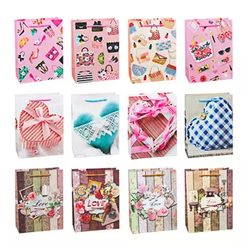 Пакет подарочный, высококачественная бумага, 18х24х8,5 см, 12 дизайнов, арт.1