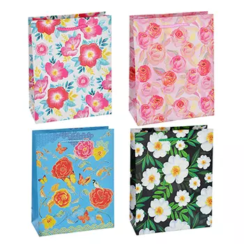 Пакет подарочный, высококачественная бумага с глиттером, 18х23х8 см, 4 цвета, летние цветы