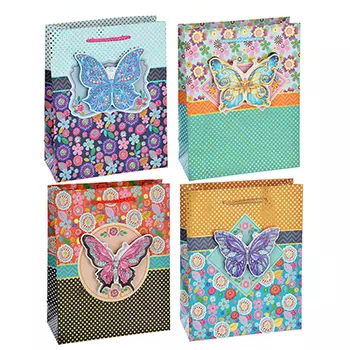 Пакет подарочный, высококачественная бумага с глиттером, 18х23х8 см, 4 цвета, с бабочками 3D