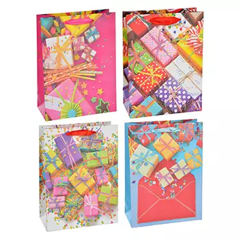 Пакет подарочный, высококачественная бумага с глиттером, 18х24х8,5 см, 4 цвета, с подарками