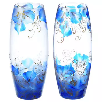 PASABAHCE Ваза стеклянная, ручная роспись, "Синие мотивы", 25х9 см, 2 дизайна