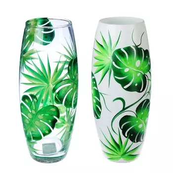 PASABAHCE Ваза стеклянная, ручная роспись, "Зеленые листья", 25х9 см, 2 дизайна