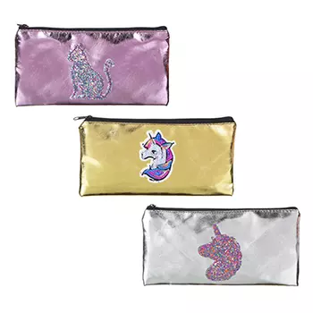 Пенал мягкий плоский, 19х10см, глянцевая мягкая искусственная кожа "металлик", аппликация, 3 дизайна