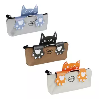 Пенал мягкий треугольный, 21х8х2,5см, холст, декор искусст.кожей в форме головы и лап кота, 3 цвета