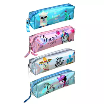 Пенал прямоугольный 19х5х4,5см, ТПУ цвета "металлик" с цветной печатью, 4 дизайна "Ламы / Единороги"