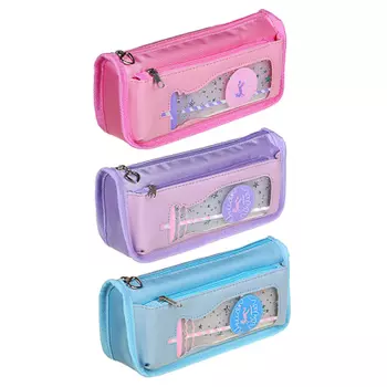 Пенал прямоугольный, 21х9х5см, 1отд., 1карм., ПЭ, отд.иск.кожей, вставка из прозр.ПВХ , 3 цв.,блист.