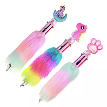 Ручка шариковая 6-цветная, радужный "меховой" держатель, наконечник-фигурка, 17см, 3диз., ПВХ-бокс