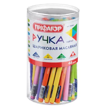 Ручка шариковая синяя "Пифагор", игольч.након. 0,6мм, масл.чернила, корпус 6 цветов, пластик, 142685