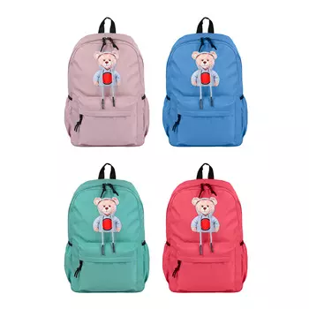 Рюкзак подростковый 43x29x12см, 1 отд., 4 карм., аппликация в форме мишки, декор шнурком, ПЭ, 4цвета