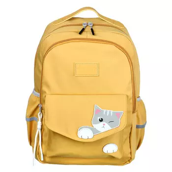 Рюкзак подростковый 43x30x18см, 2 отд., 3 карм. (1 на липучке), апплик.в форме котика, ПЭ, горчичный