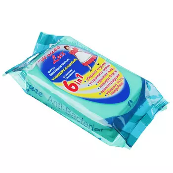 Салфетки для уборки влажные универсальные антибактериальные, 6 в 1, 80 шт, House Lux