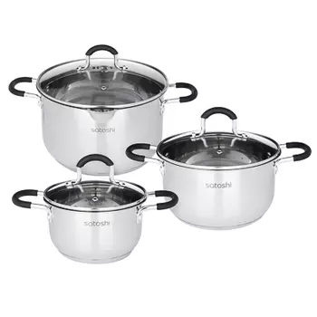SATOSHI Альбер Набор кастрюль 6 пр.: 1,7л, 3,4л, 6,0л, черные силиконовые ручки, со стекл. крышкой