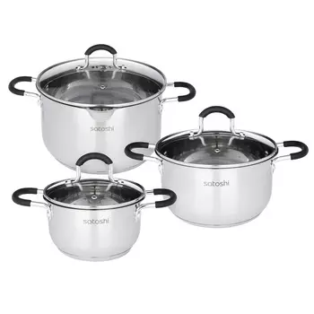 SATOSHI Альбер Набор кастрюль 6 пр.: 1,7л, 3,4л, 6,0л, черные силиконовые ручки, со стекл. крышкой