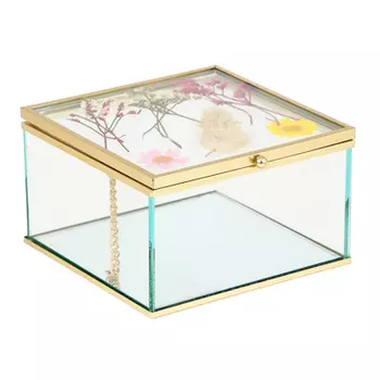 Шкатулка для ювелирных изделий с декором из сухоцветов и с зеркальным дном 12х12х7см, стекло, металл