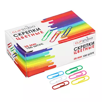 Скрепки канцелярские ClipStudio металлические 28 мм, 100 штук, цветные