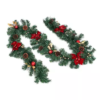 СНОУ БУМ Гирлянда еловая с цветами и шишками, пластик, полиэстер, диаметр 18см, красный с золотом