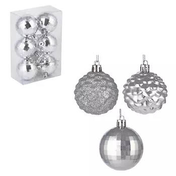 СНОУ БУМ Набор формовых шаров 6шт 6см, серебро, 2 дизайна, пластик
