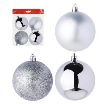 СНОУ БУМ Набор шаров 4шт, 8см, пластик, в пакете, серебряный, глянец, матовый, глиттер, арт.21