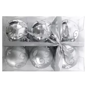 СНОУ БУМ Набор шаров 6шт, 6см, пластик, "Морозный узор", серебро, 2 дизайна
