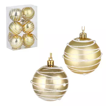 СНОУ БУМ Набор шаров с декором и бисером 6шт 6см, золото с белым, пластик