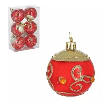 СНОУ БУМ Набор шаров с декором и стразами 6шт 6см, красный с золотом, пластик