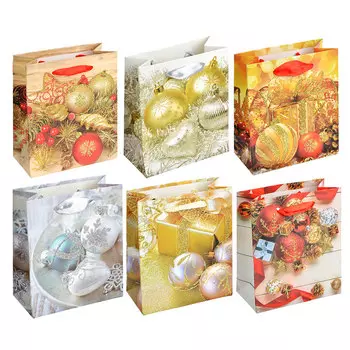 СНОУ БУМ Пакет подарочный, 12х14х6 см, бумага высокого качества с глиттером, 6 дизайнов, арт.0314