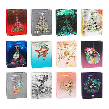 СНОУ БУМ Пакет подарочный, 18х23х8см, высококач.бумага,тиснение фольгой, глиттер,6-12диз. арт.2021-1