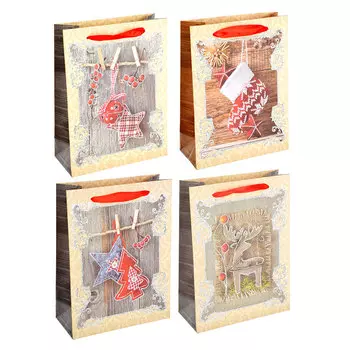 СНОУ БУМ Пакет подарочный, 18х24х8 см, бумага высокого качества с глиттером, 4 вида, арт.0324