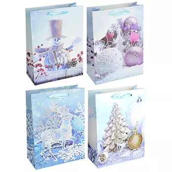 СНОУ БУМ Пакет подарочный, 24х18х8,5 см, бумага высокого качества с глиттером, 4 вида, арт.0318