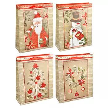 СНОУ БУМ Пакет подарочный, 26х32х10 см, бумага высокого качества с глиттером, 4 вида, арт.0328