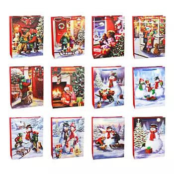 СНОУ БУМ Пакет подарочный, 26х32х10см, бумага высокого качества, глиттер, 8-12 диз. арт.2021-7