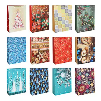 СНОУ БУМ Пакет подарочный, 31х42х12см, бумага высокого качества с глиттером, 12 диз, арт.2022-6