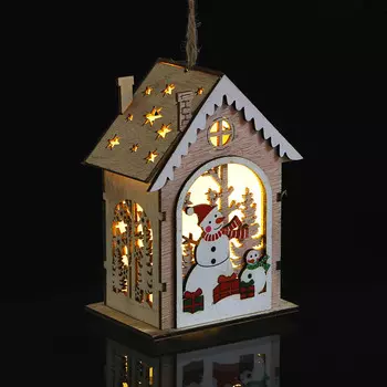 СНОУ БУМ Подвеска "Домик", 13 см, дерево, LED, 3xAG10, 6 дизайнов