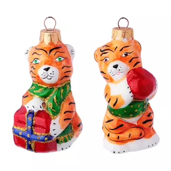 СНОУ БУМ Подвеска "Тигренок с подарком", 100 мм, стекло, 2 дизайна