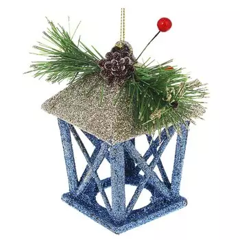 СНОУ БУМ Премиум Подвеска "Фонарик", 10см, пластик, глиттер, голубой с шампанью