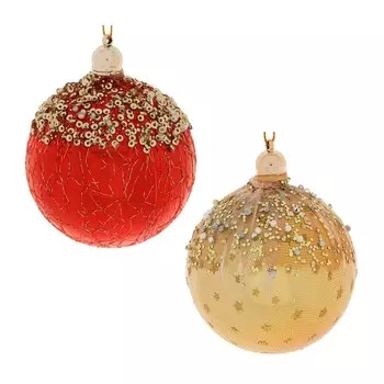 СНОУ БУМ Премиум Подвеска Шар в вуали с декором, 8 см, пластик, красный и золото