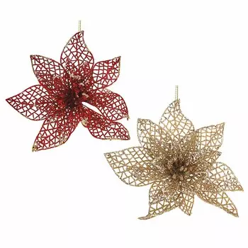 СНОУ БУМ Премиум Украшение декоративное в виде цветка, 17см, пластик, глиттер, бордо, золото, 2 цв