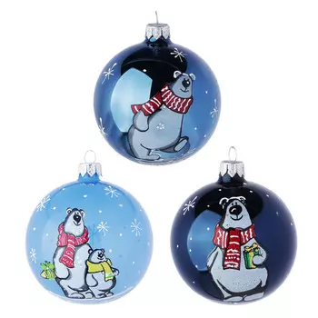 СНОУ БУМ Шар ручной работы "Белый мишка", 85 мм, стекло, 3 дизайна