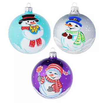 СНОУ БУМ Шар ручной работы "Снеговичок", 85 мм, стекло, 3 дизайна