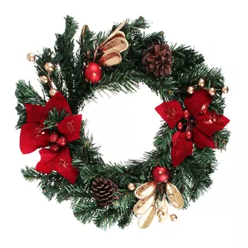 СНОУ БУМ Венок Рождественский еловый с цветами и шишками, пластик,полиэстер, 30см, красный с золотом