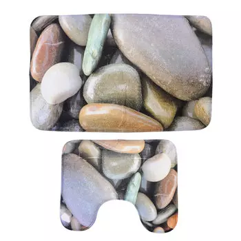 SonWelle Набор ковриков для ванной КАМУШКИ флис, принт, губка, 1,2см, 50x80см +50x40см