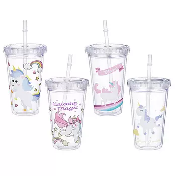Стакан с трубочкой пластиковый, единороги, с блестками, 13,5х8,5 см, 350 мл, 4 вида