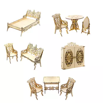 ТЕРЕМОК Мебель для кукол столик/столовая/кровать/шкаф/гостиная, фанера, 19х14х3см, 5 дизайнов