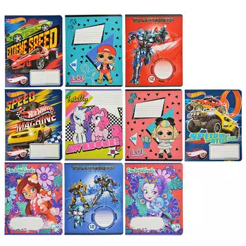 Тетрадь школьная 12л. в клетку, офсет, обложка картон,скрепка,"Лицензии ассорти",NW10415,45286/45291