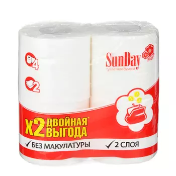 Туалетная бумага SunDay 2-х слойная белая, 4шт