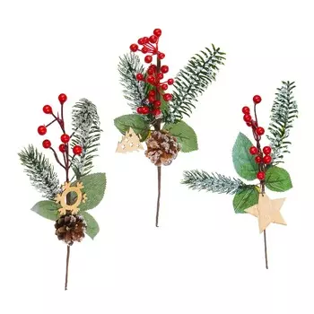 Ветка декоративная еловая с красными ягодами СНОУ БУМ 30 см, пластик, дерево, 3 дизайна
